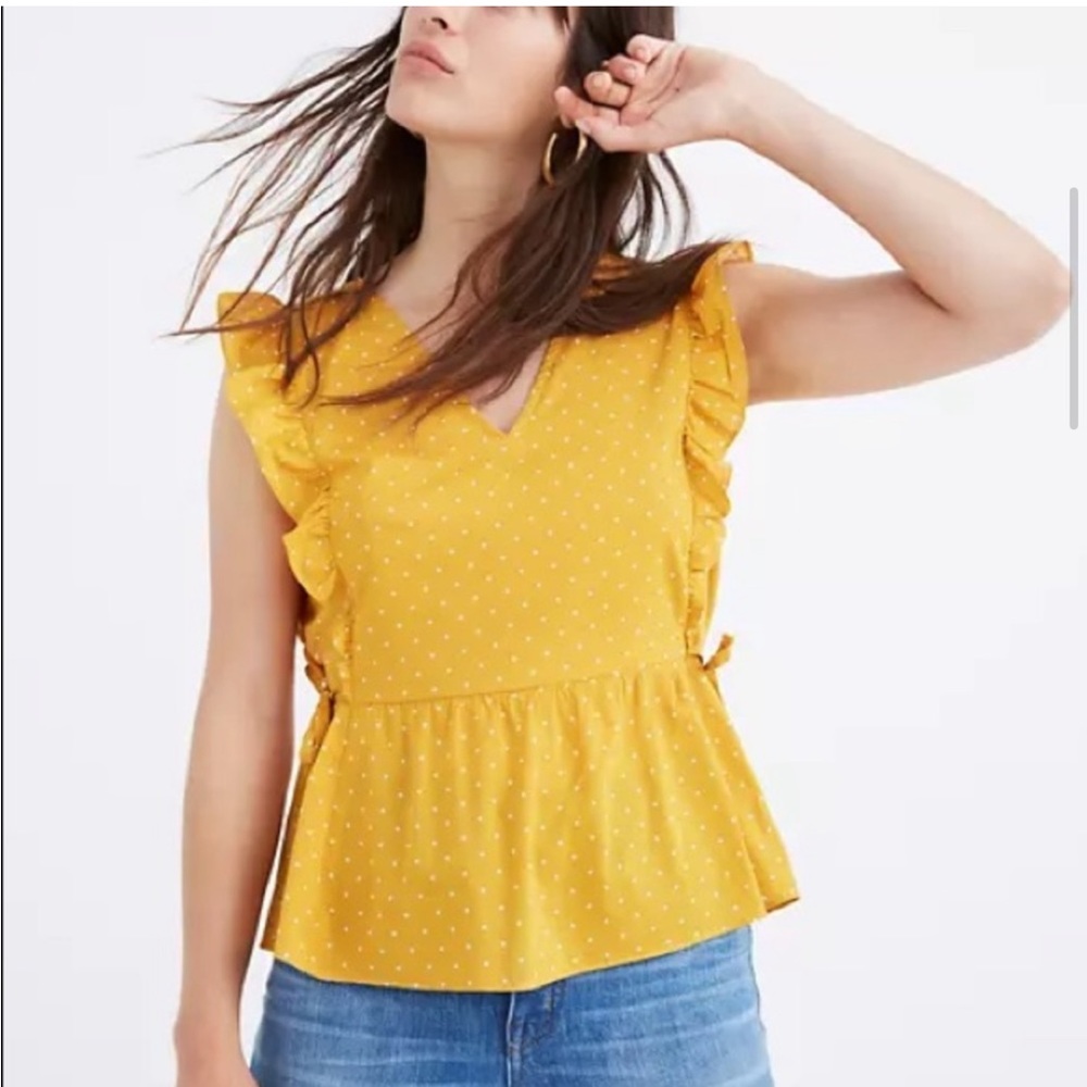 Madewell Side-Tie Ruffle Peplum Top in Polka
Dot
